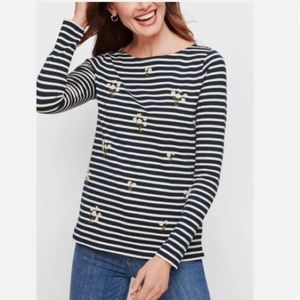 Authentic Talbots tee embroidered nautical daisies navy striped l/s top sz LP